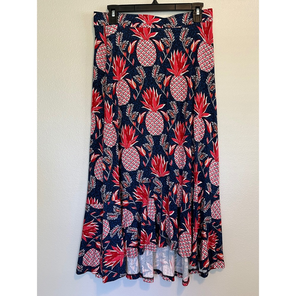 Boden Pineapple Print Navy Red  Ruffle High Low Midi Skirt US 8L Tropical Resort - Picture 2 of 7